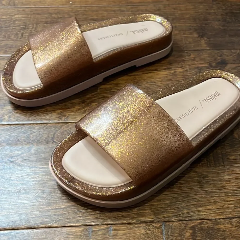 MELISSA BEACH SLIDE PLATFORM + AWAY TO MARS, Gold Glitter, size 6